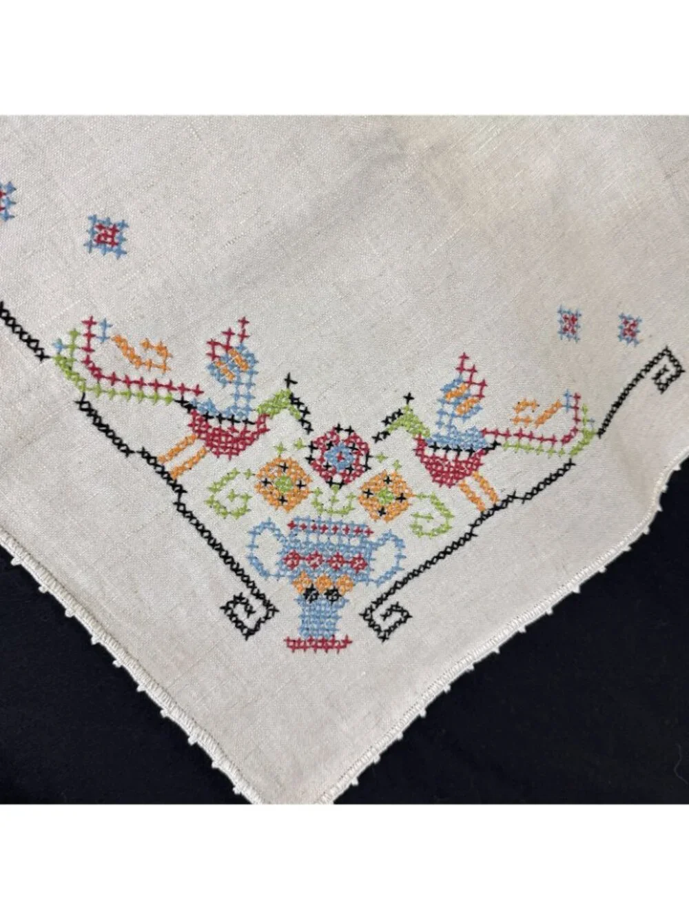 Embroidered Tablecloth Cross Stitch Design Flowers Birds Square Vintage 1950s